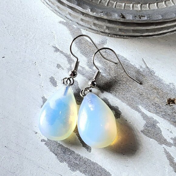 Opalite Gemstone Puffed Teardrop Handcrafted Translucent Dangle Earrings - Picture 3 of 4